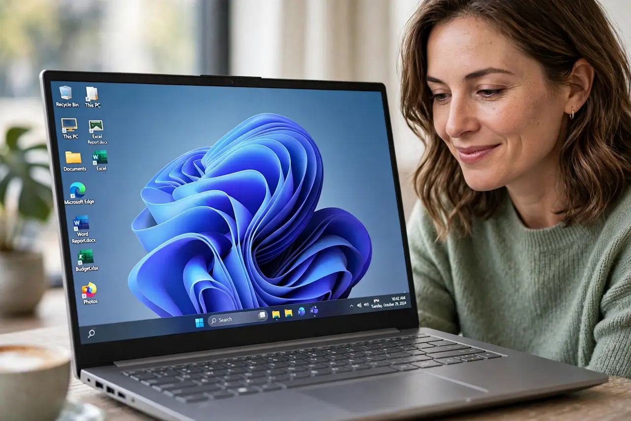 A relieved woman looks at a Windows laptop with the normal desktop restored and icons visible.