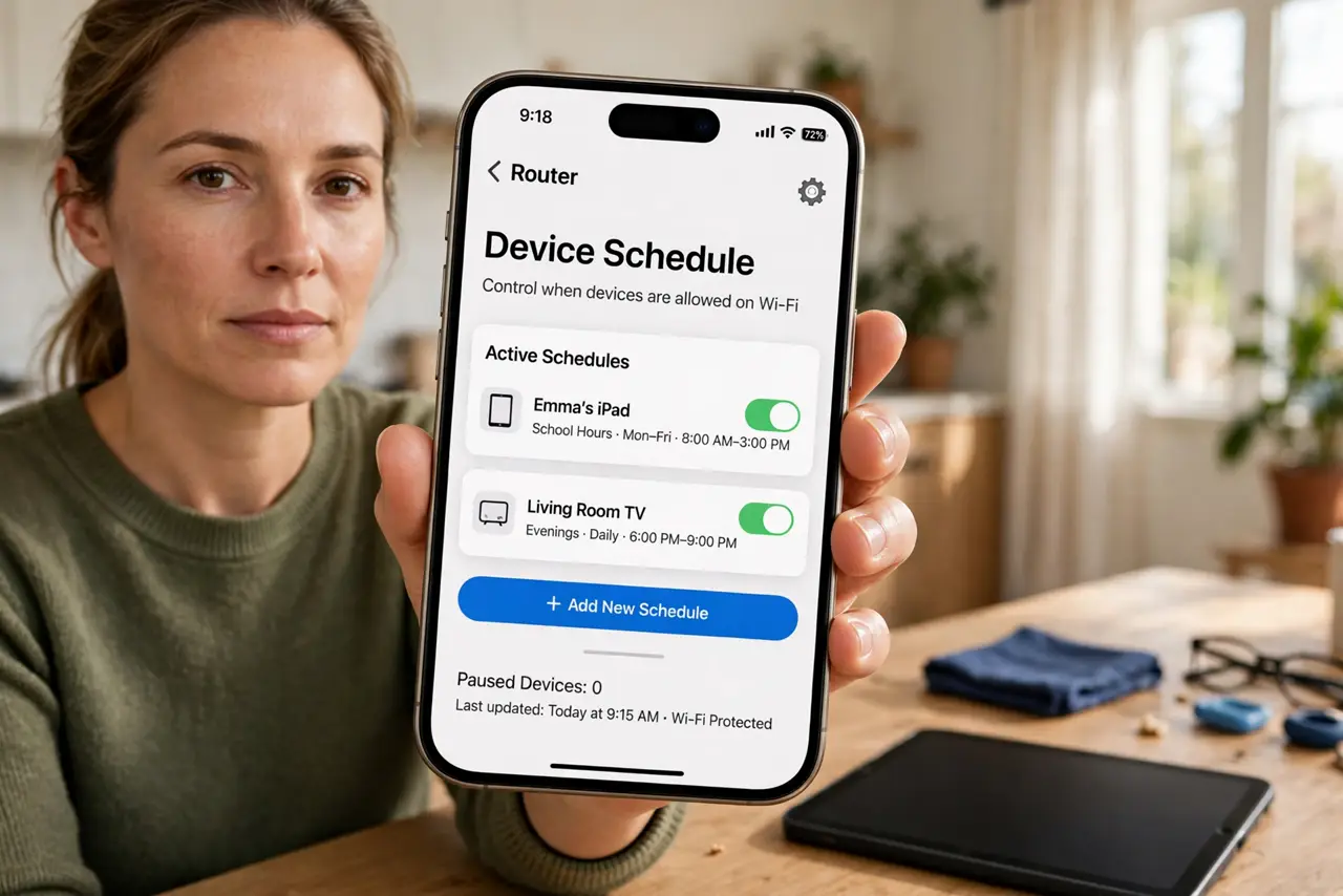 Block a Device at Bedtime via the Router — a calm parent holding a real phone showing a router app with a device schedule screen fully legible, a child's