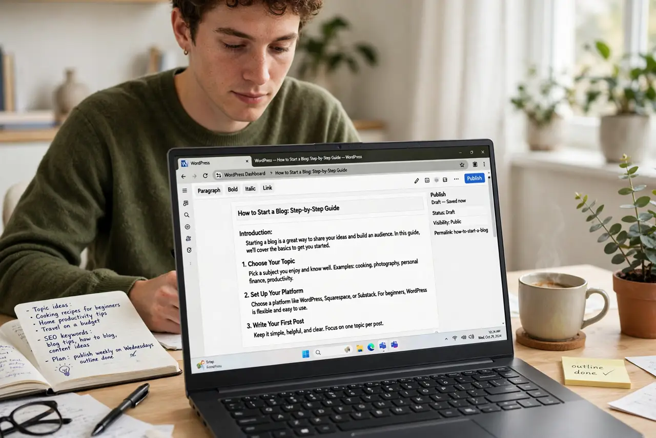 a person writing on a real laptop showing a legible blog editor, a notebook with ideas beside it, the person's face focused, bright home desk.