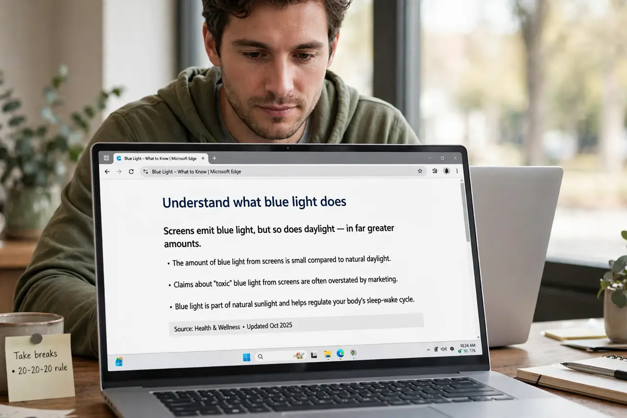 A person performing step 1: Understand what blue light does. Screens emit blue light, but so does daylight — in far greater amounts. The a.
