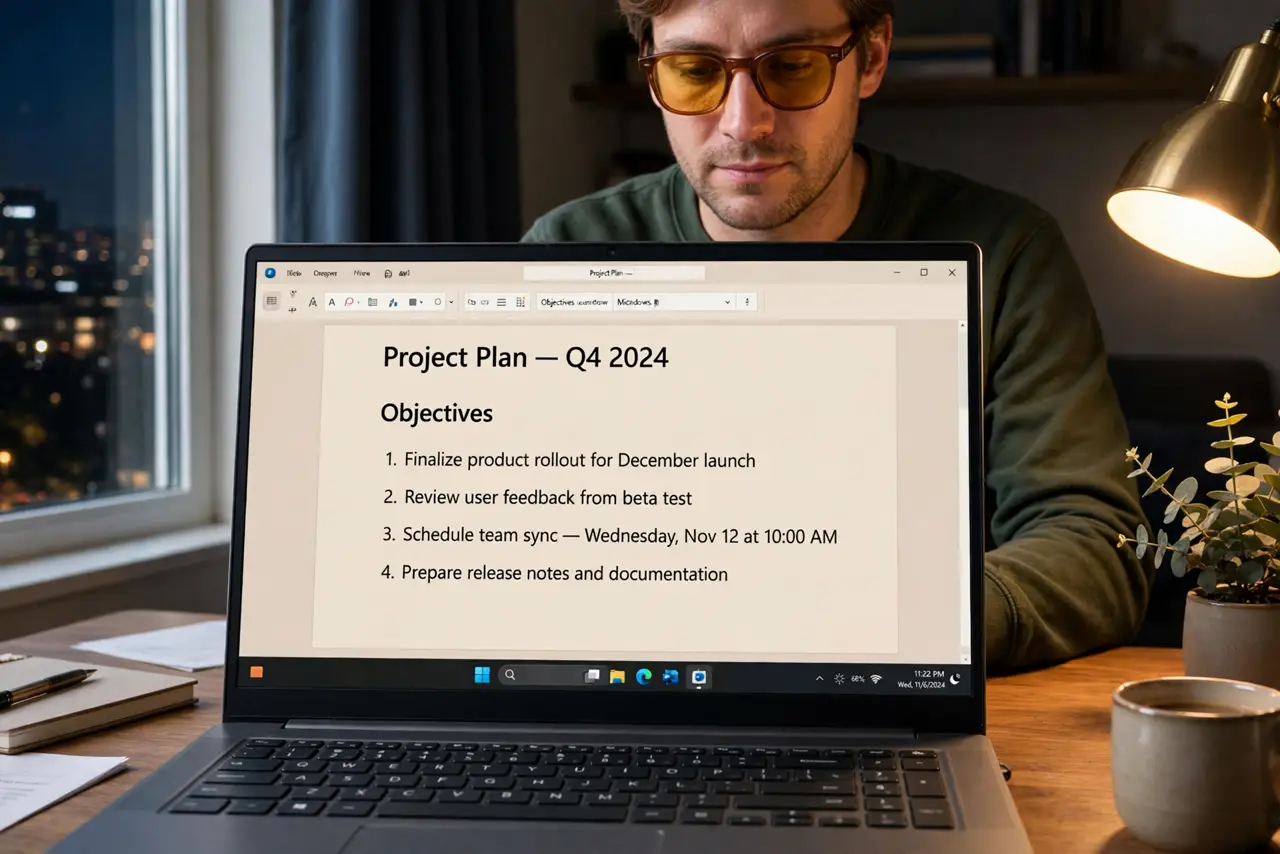 A person wearing real amber-tinted glasses working on a real laptop at night, the screen showing a legible document with warm night-mode tint, the person's face comfortable, dim.