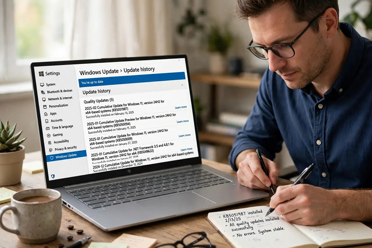 A focused man reviews the Windows Update history to find the driver that just updated.