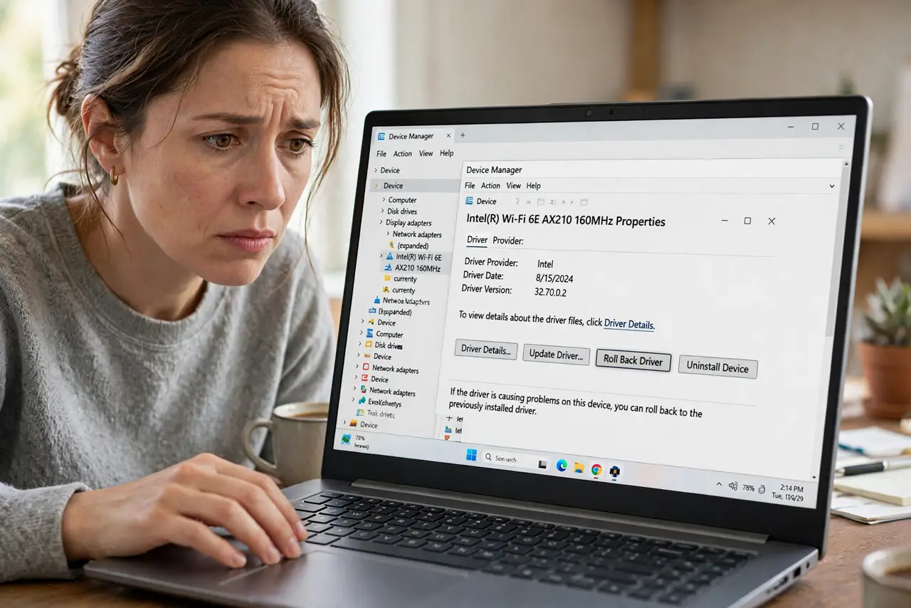 A concerned woman opens Device Manager on a Windows laptop to roll back a driver.
