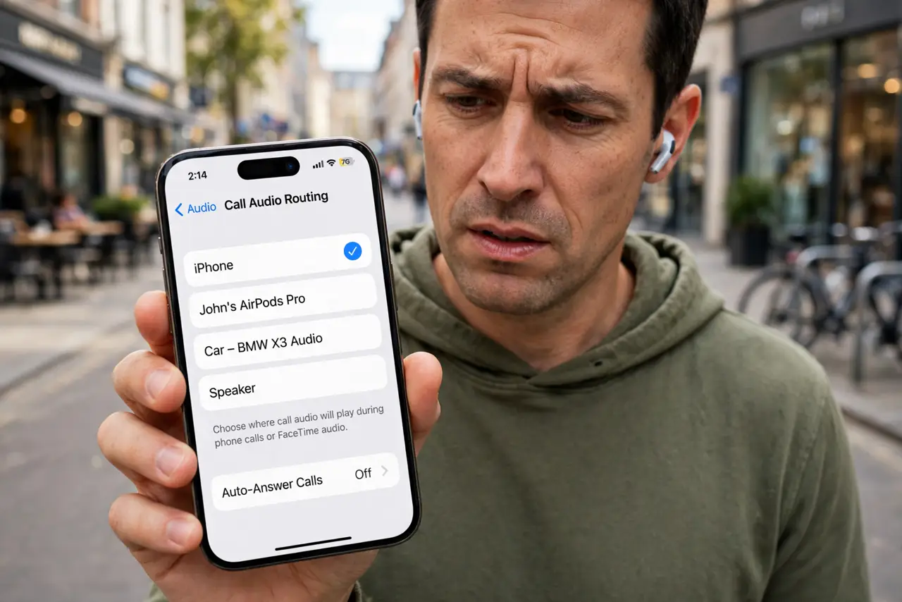Call Audio Plays on the Wrong Device — a puzzled adult wearing wireless earbuds and holding a real smartphone showing the call audio routing menu wit