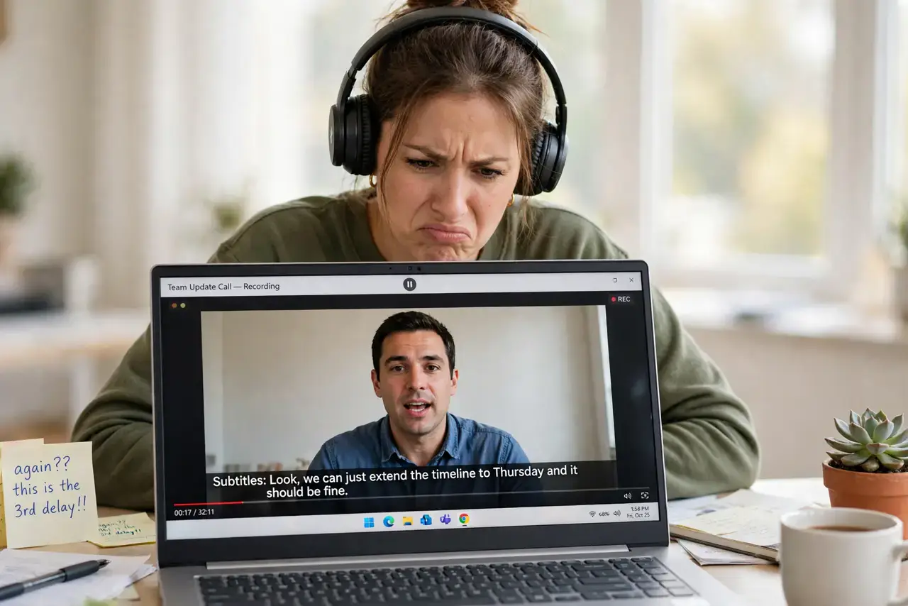Bluetooth Audio Lags in Videos — an annoyed adult watching a real laptop video with Bluetooth headphones on.