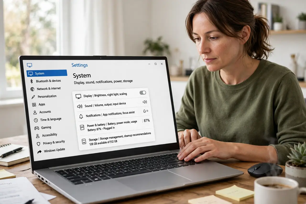 An adult opening Windows Settings to confirm Bluetooth is turned on.