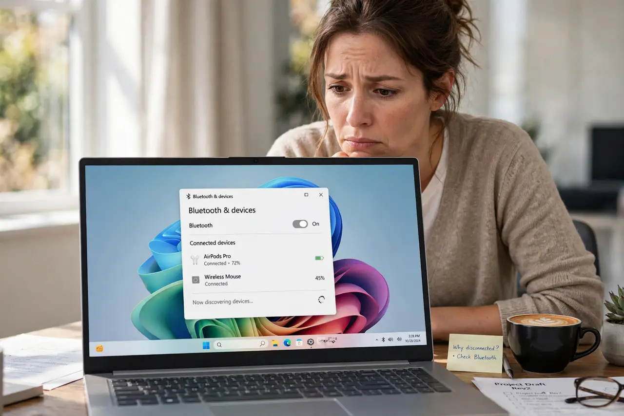 A worried adult at a desk looking at the Windows taskbar system tray where the Bluetooth icon should appear.