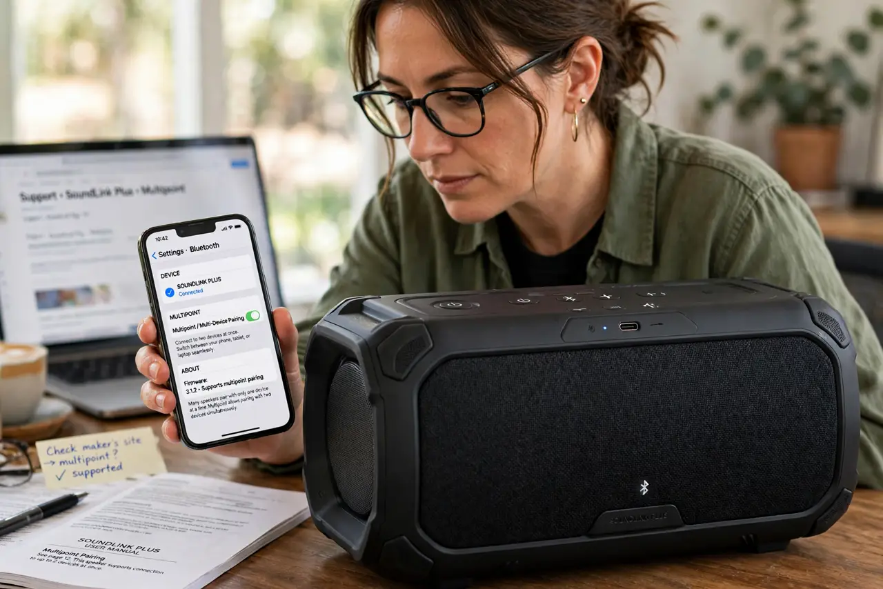 A person performing step 1 of the guide: Confirm the speaker supports multipoint. Check the manual or the maker's site for multipoint or multi-device pairing. Many speakers pair...