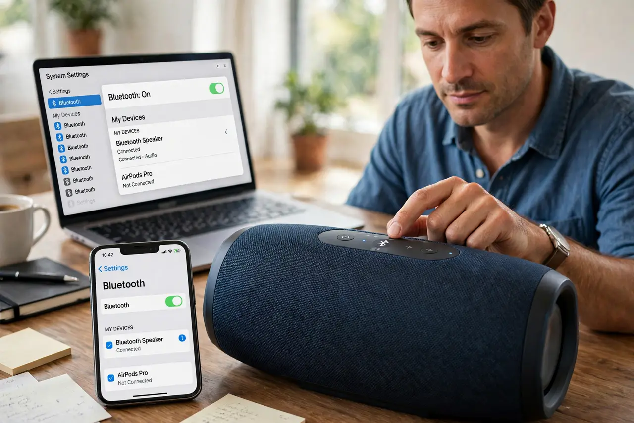 a calm adult at a desk with a real Bluetooth speaker, a phone and a laptop nearby showing normal Bluetooth screens with legible text, the person tapping the speaker