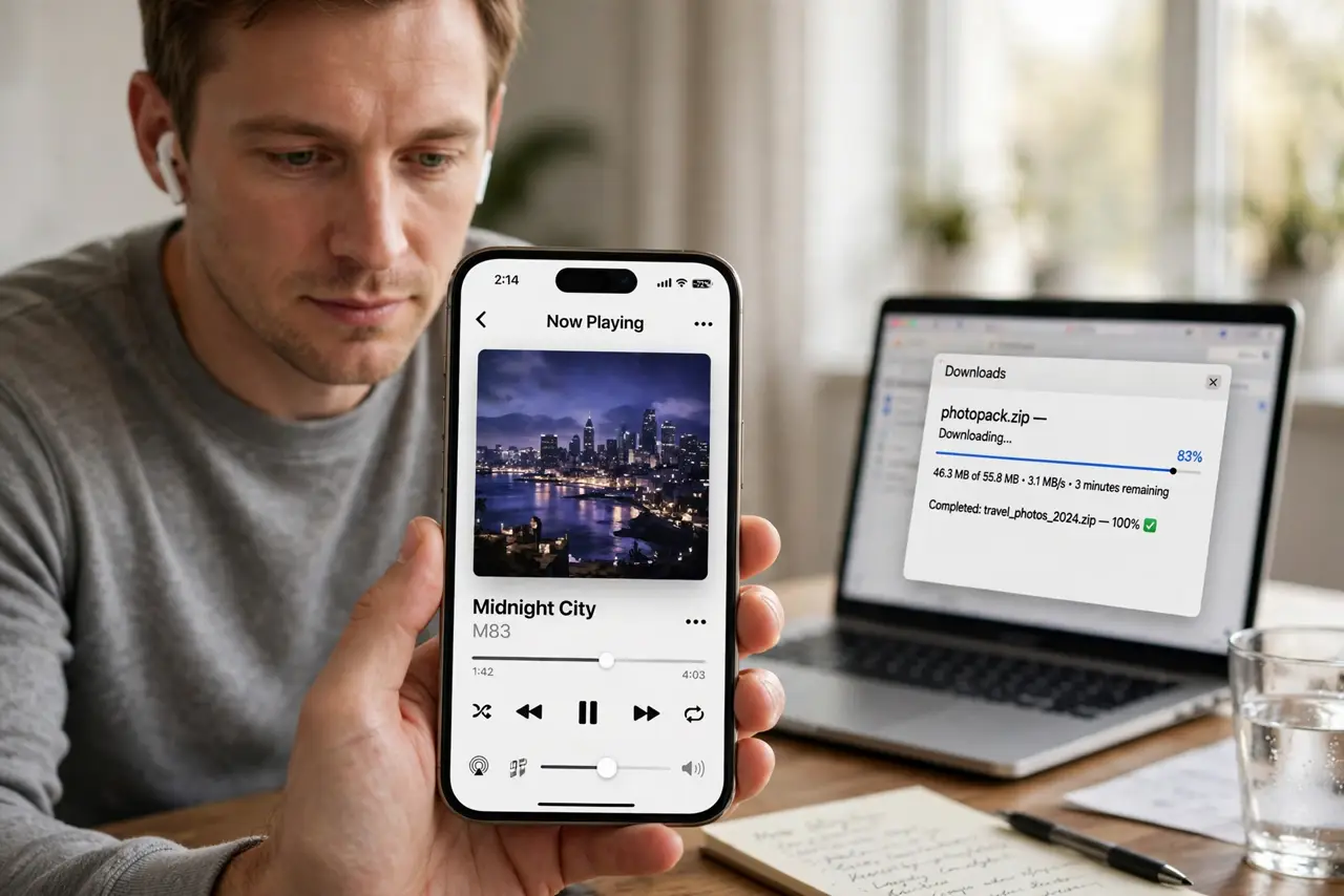 Bluetooth Stutters When Wi-Fi Is Busy — a calm adult wearing real wireless earbuds, holding a real phone showing a music app with fully legible track