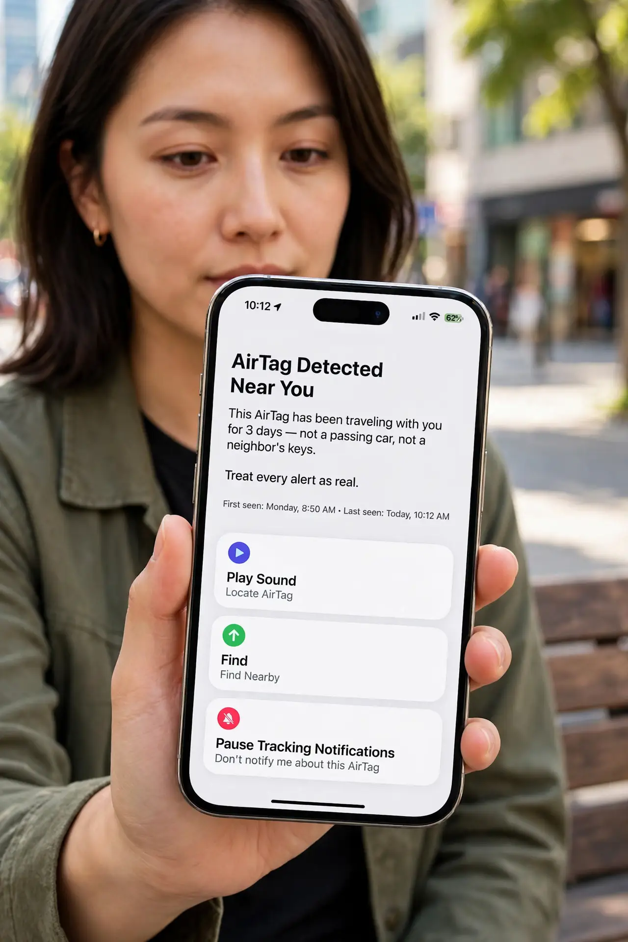 A person performing step 1: Do not ignore the alert. The detection means a tracker has been traveling with you for a while — not a passing.