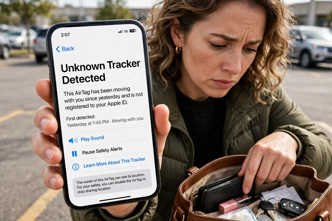 A person holding a real smartphone showing an unknown tracker alert with legible text, looking through a handbag, the person's face concerned but composed, parking lot daylight.