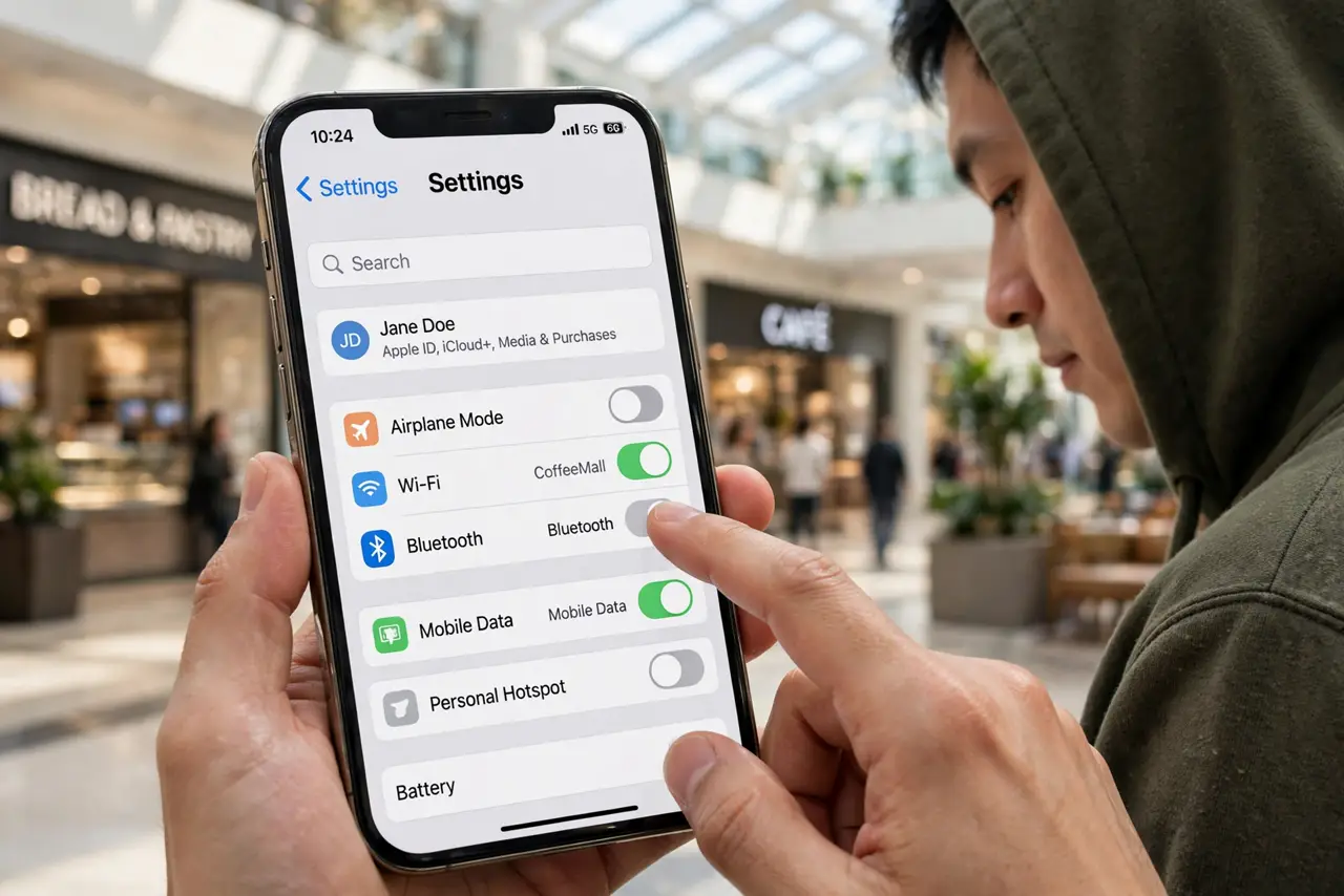 a person turning off Bluetooth on a real phone settings screen with a legible toggle, shopping mall blurred behind, the person's face privacy-conscious, public space.