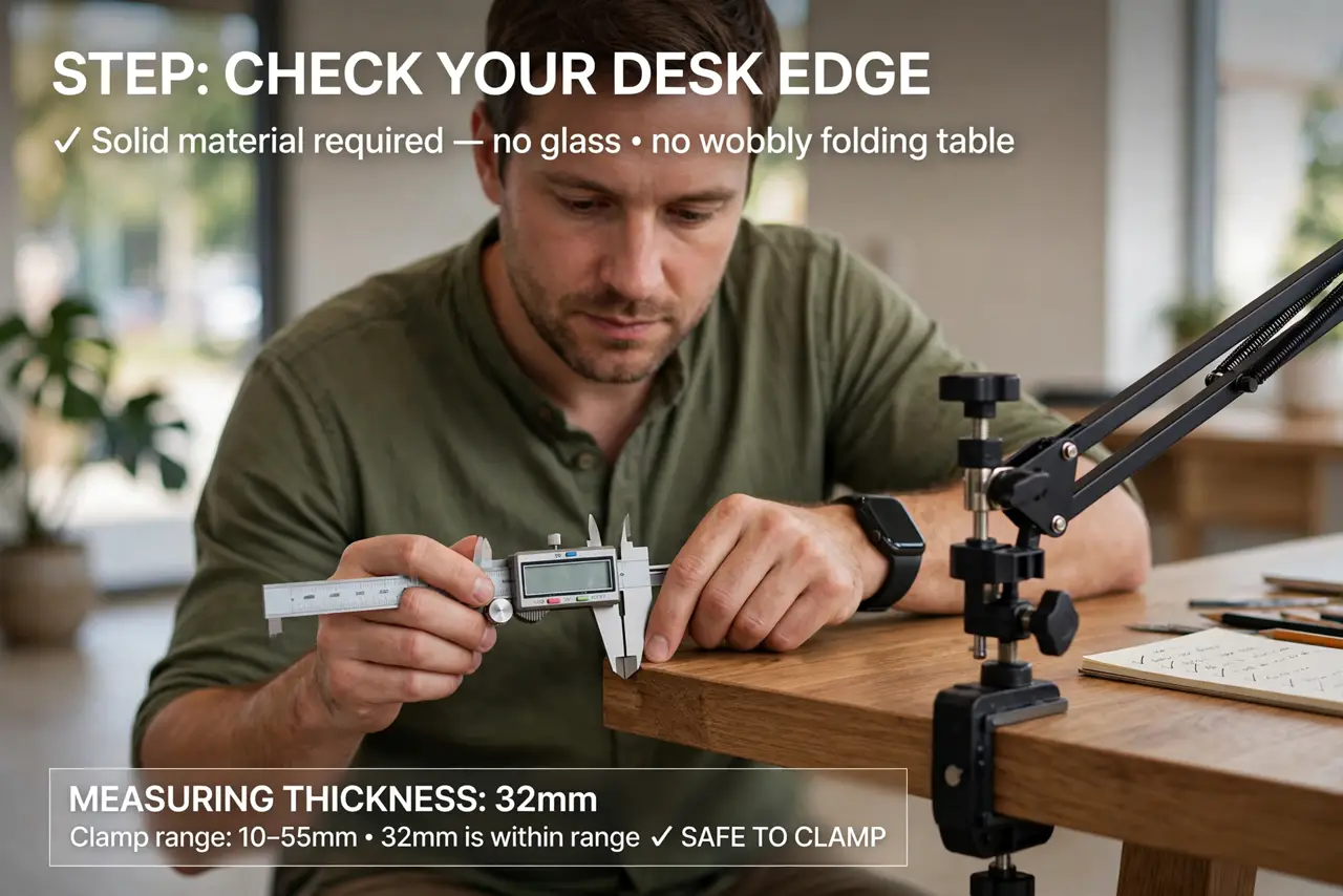 A person performing the first step of the guide: Check your desk edge.