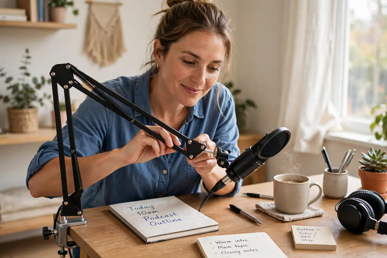 a person adjusting a real boom arm holding a microphone over a tidy desk, the arm clamped to the edge with legible joints, the person's face pleased, home studio.