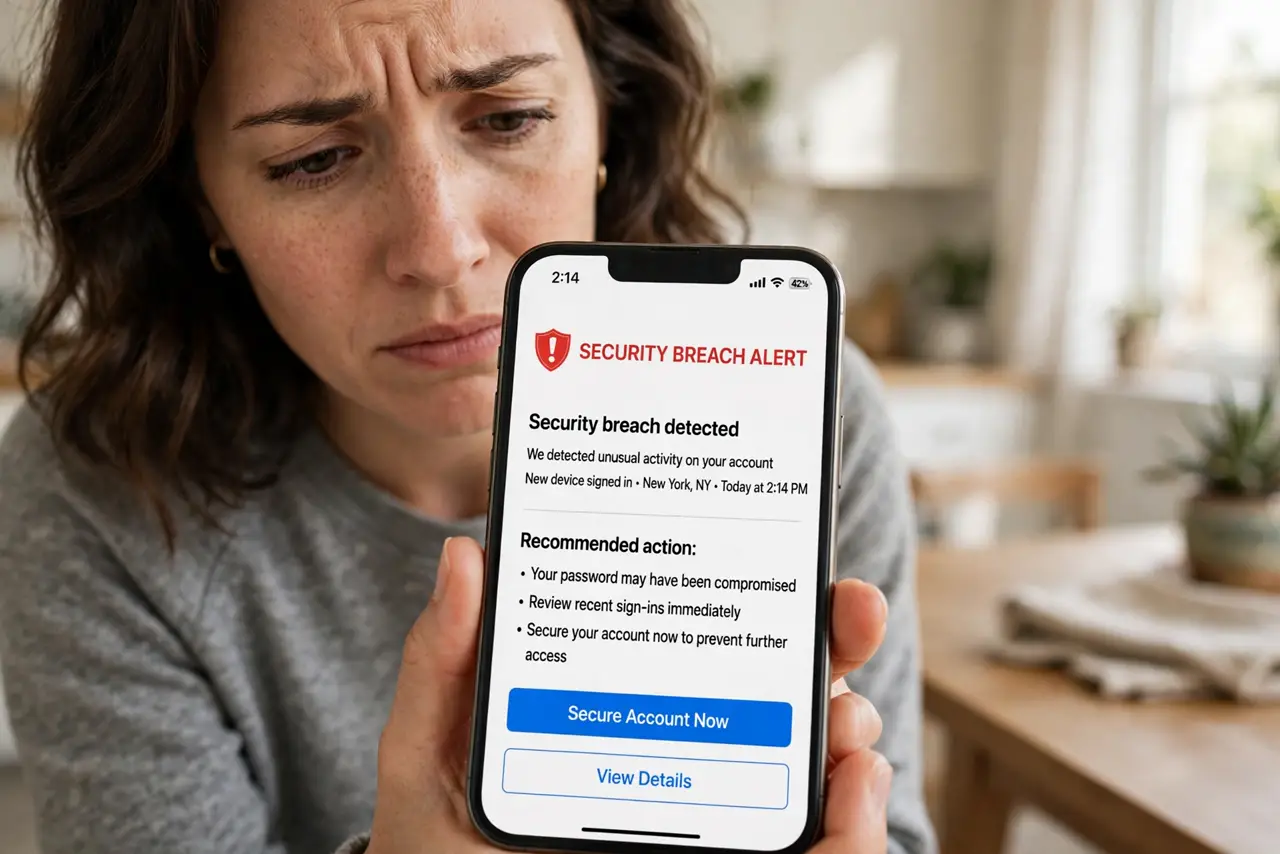 a worried person looking at a real phone showing a breach alert notification with legible text, the person's face concerned but focused, home.