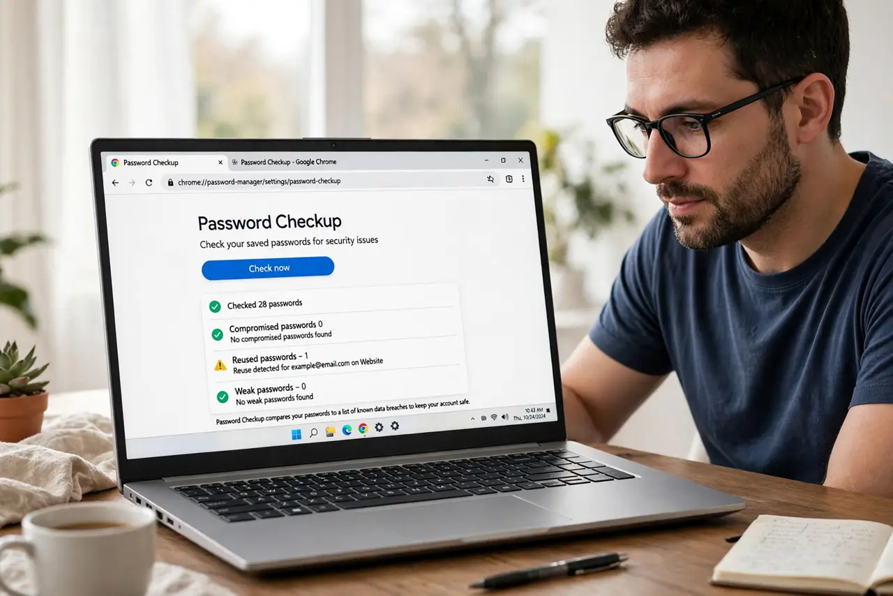 A person calmly performing the guide's first step: Open Password Checkup.