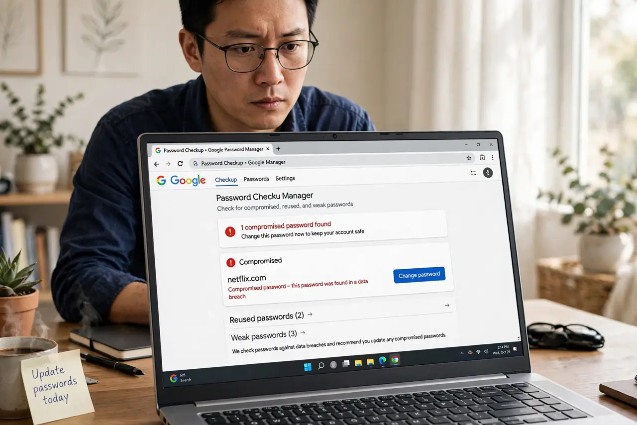 a person reviewing a real Google password checkup page showing a compromised password warning, the person's face alert and focused, bright home office. No black screen, no blank wh.