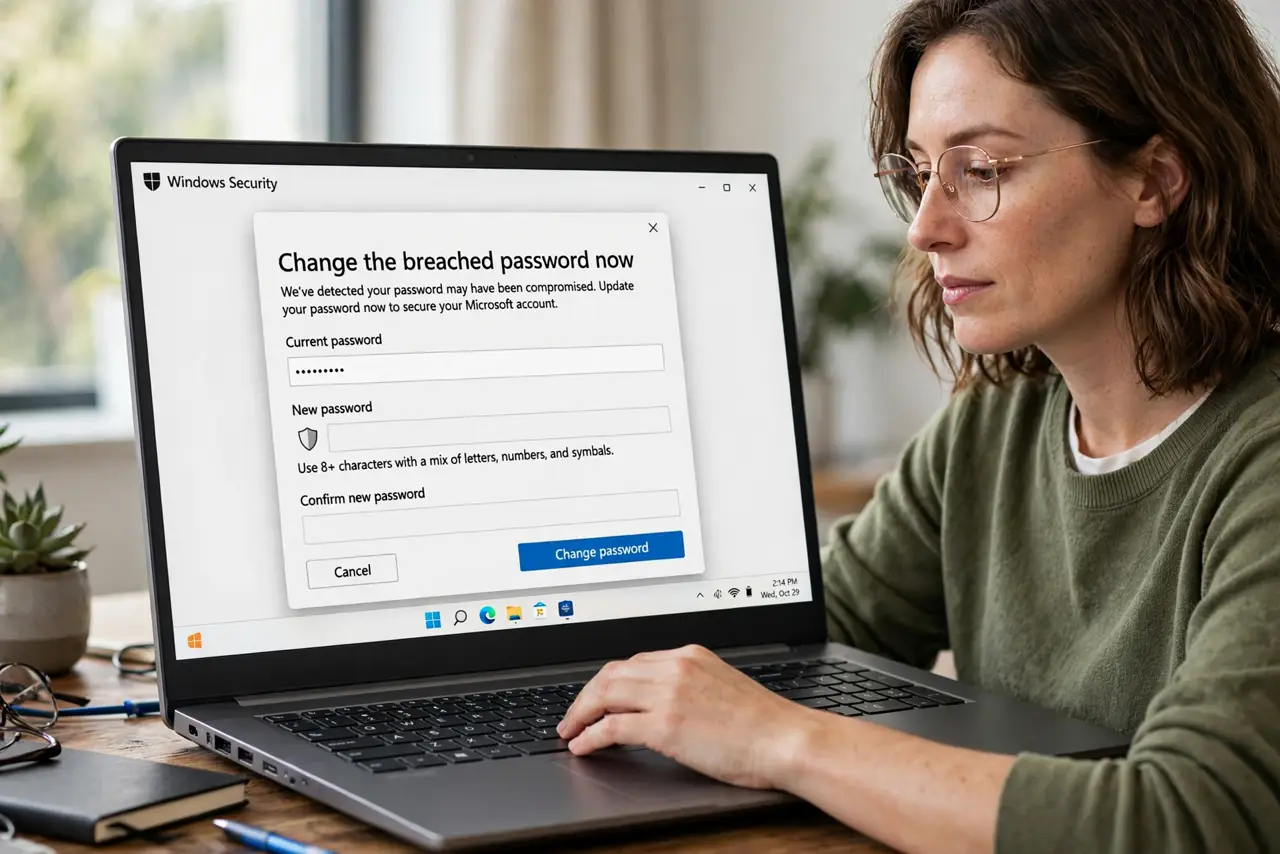 A person calmly performing the guide's first step: Change the breached password now.