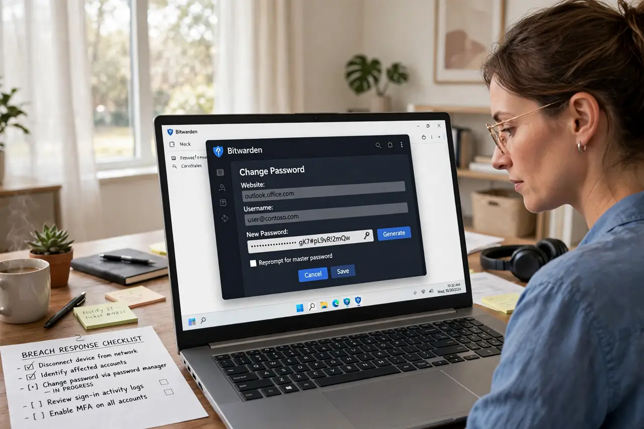 a person working through a breach response checklist on a real laptop, changing a password with a password manager open, the person's face focused and calm, bright home office. No .
