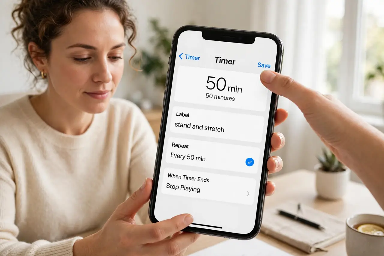Photoreal photo of a person performing the first step: Set a repeating timer. Every 50 minutes is the sweet spot — long enough for real work, short...