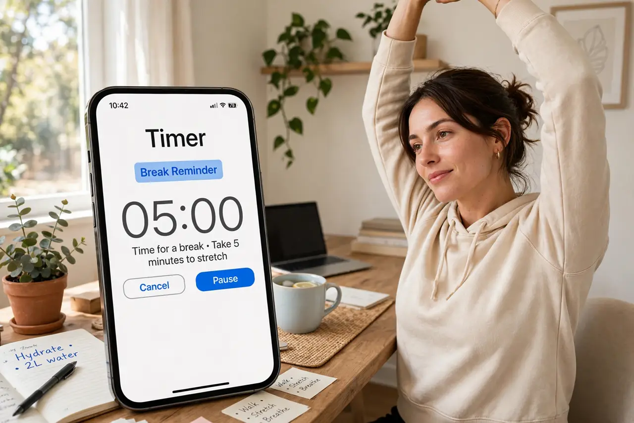 Photoreal photo: a person standing and stretching beside a real desk, a phone timer showing a legible break reminder on the desk, the person's face refreshed, bright home office. No black screen, no blank white scr...