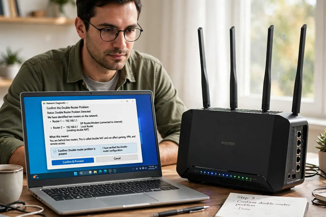 A person calmly performing the guide's first step: Confirm the double-router problem.