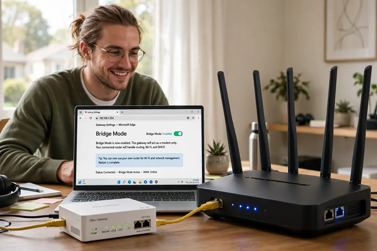 a person enabling bridge mode in a real gateway's settings on a laptop, the provider box beside a new router with one ethernet cable between them, the person's face relieved, home .