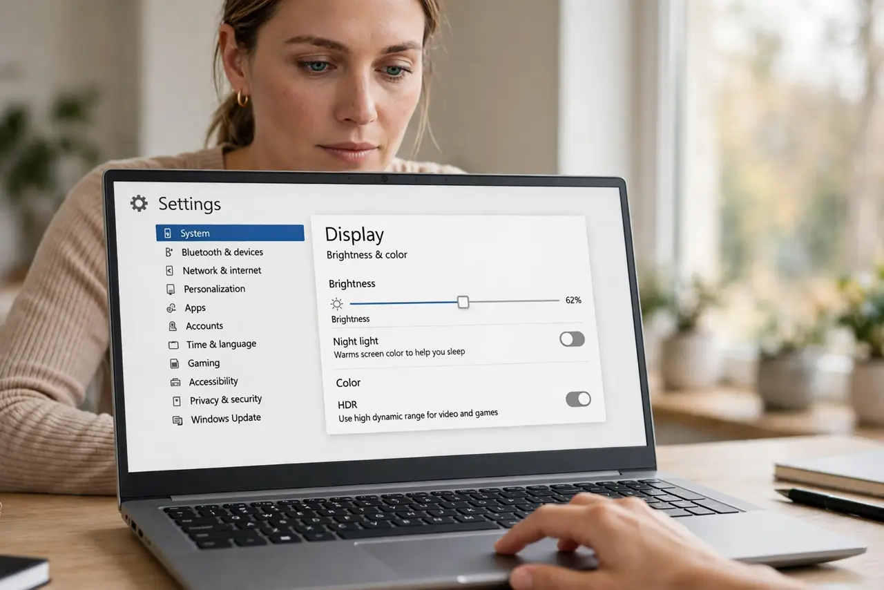 A focused woman drags the brightness slider in Windows Display settings.