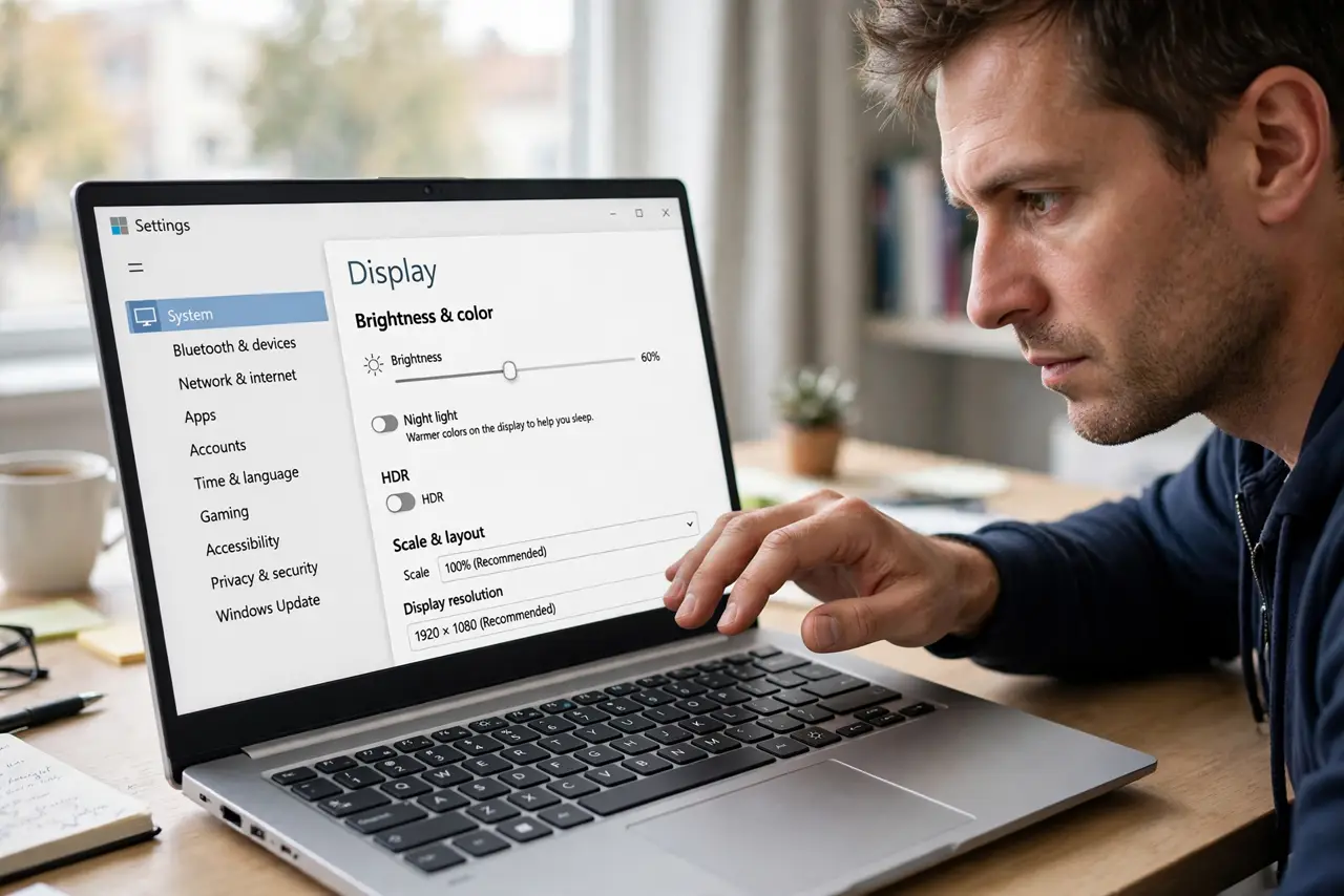 A focused man checks the Display settings brightness slider on a Windows laptop.