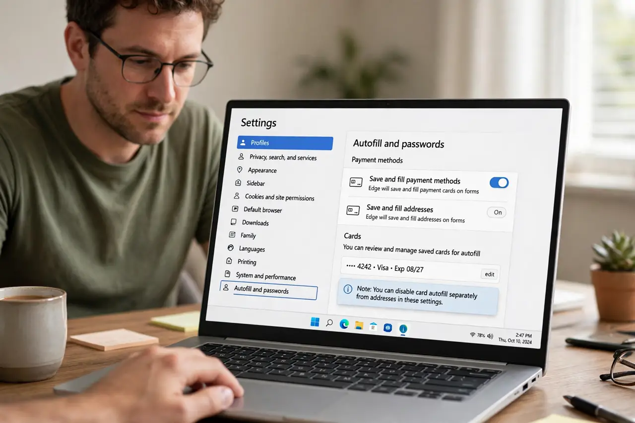 A person performing step 1 of the guide: Confirm autofill for cards is on. Open browser settings, then autofill or payment methods, and check the feature is enabled. Browsers let you disable card autofill separately from ...