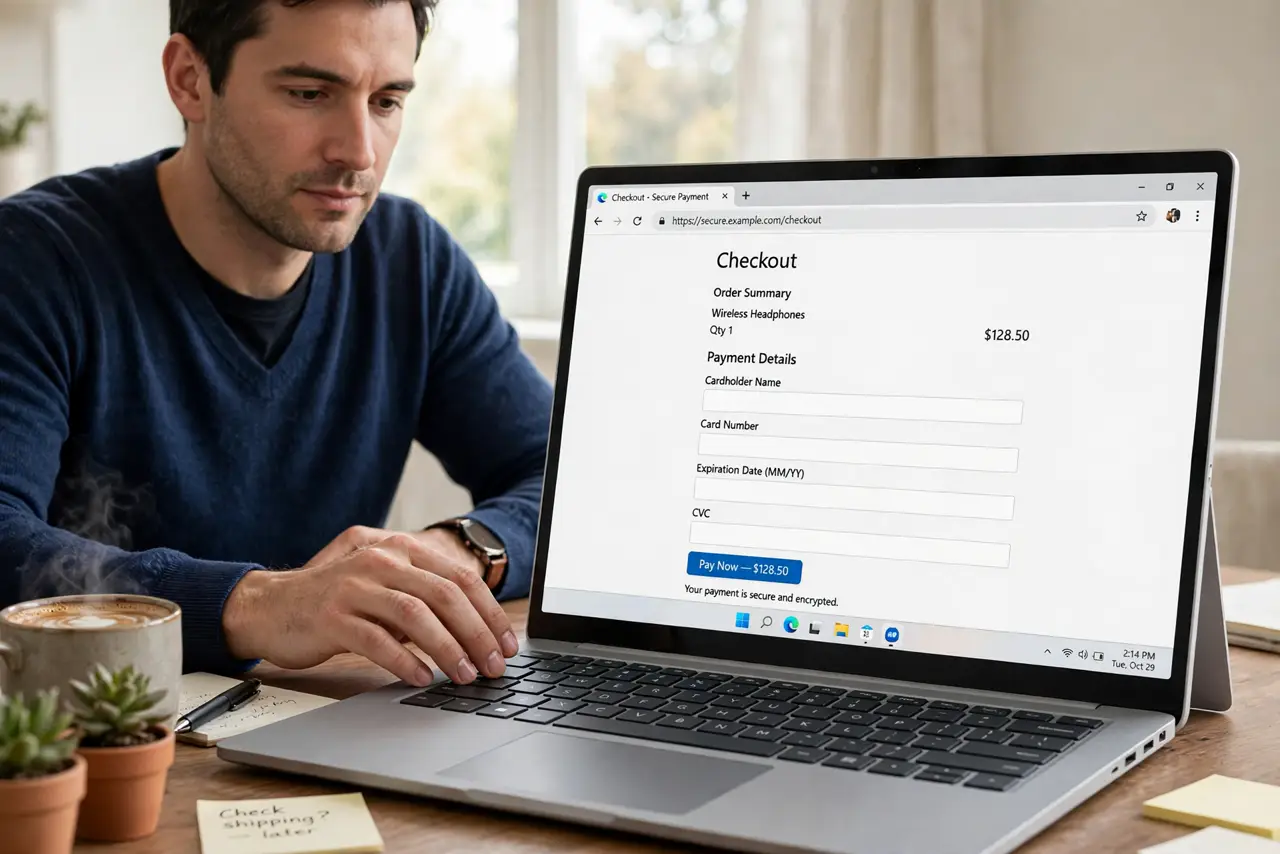 a calm adult at a desk with a real laptop showing a checkout page with empty card fields and legible labels, the person hesitating over the keyboard. No black screen, no blank white screen, no fake or garbled screen t...