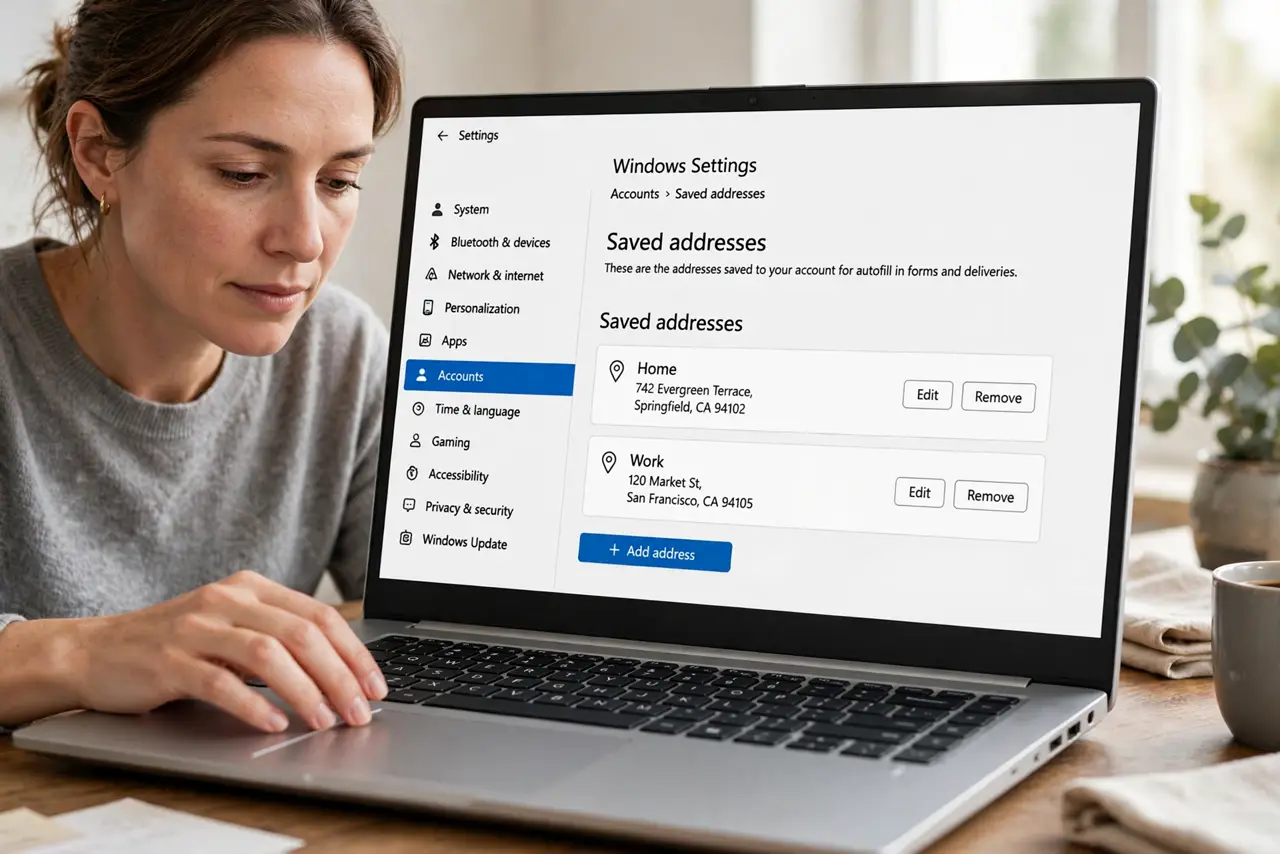 Person performing step 1: Open the saved addresses list. Open browser settings, go to Addresses or Autofill, and view every saved address. The wrong entry is...