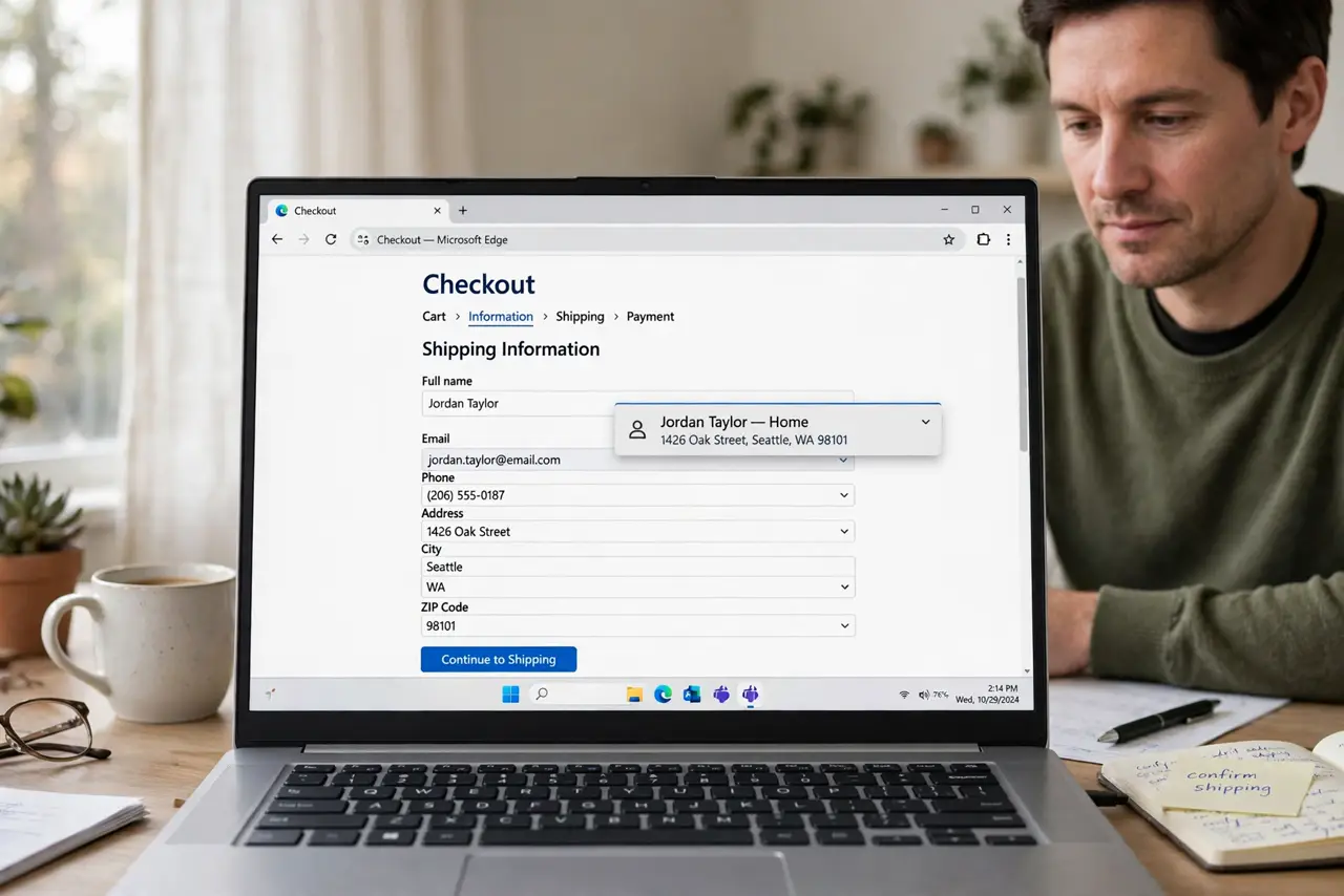 Photorealistic photo: A calm adult at a desk with a real Windows laptop, a checkout form open in the browser with an autofill suggestion visible, screen text legible.