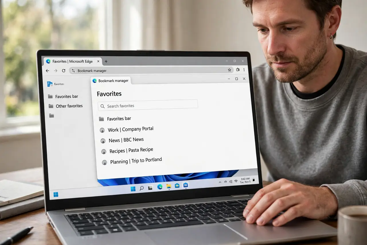 Person performing step 1: Open the bookmark manager. Open Bookmarks, then the bookmark manager, where you can see folders and sort entries. The manager view makes...