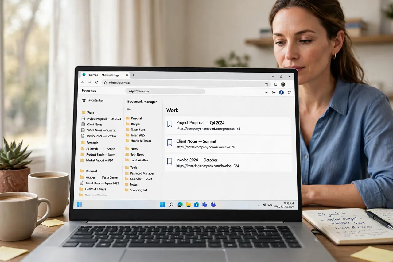 Photorealistic photo: A calm adult at a desk with a real Windows laptop, the browser bookmark manager open on screen showing a tidy folder list, screen text legible.