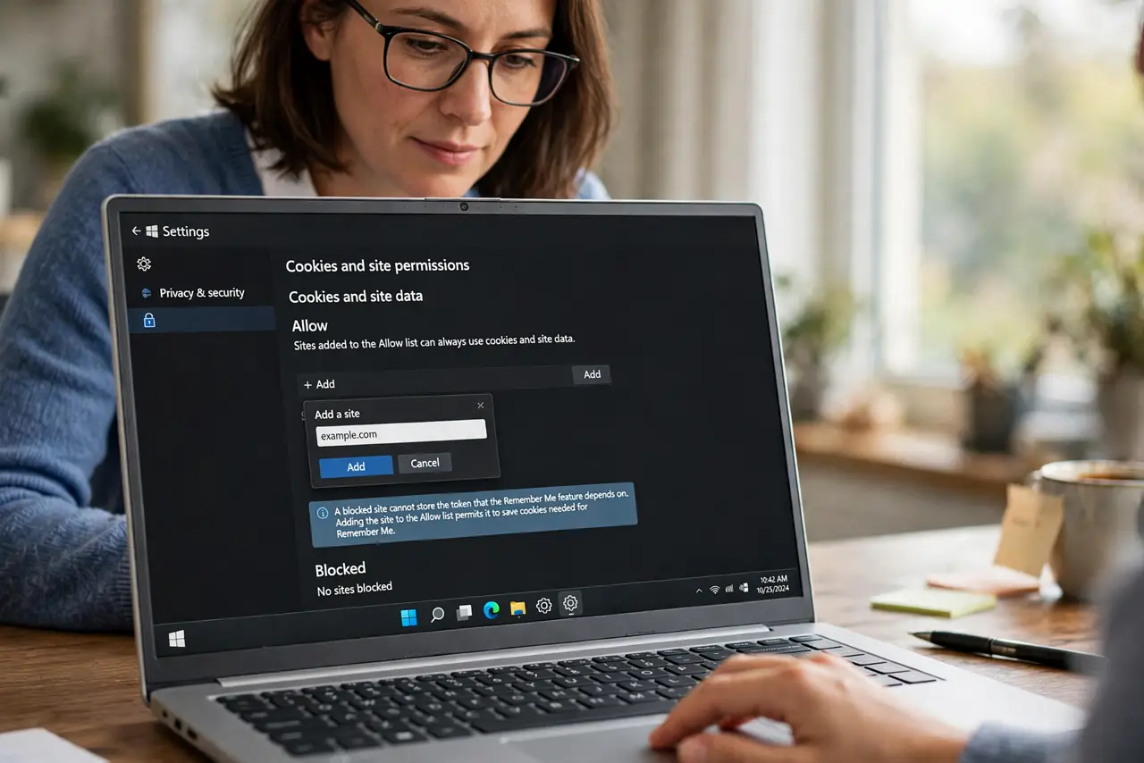 A person performing step 1 of the guide: Allow cookies for that site. Open cookie settings and add the site to the allowed or exceptions list. A blocked site cannot store the token that Remember Me depends on.
