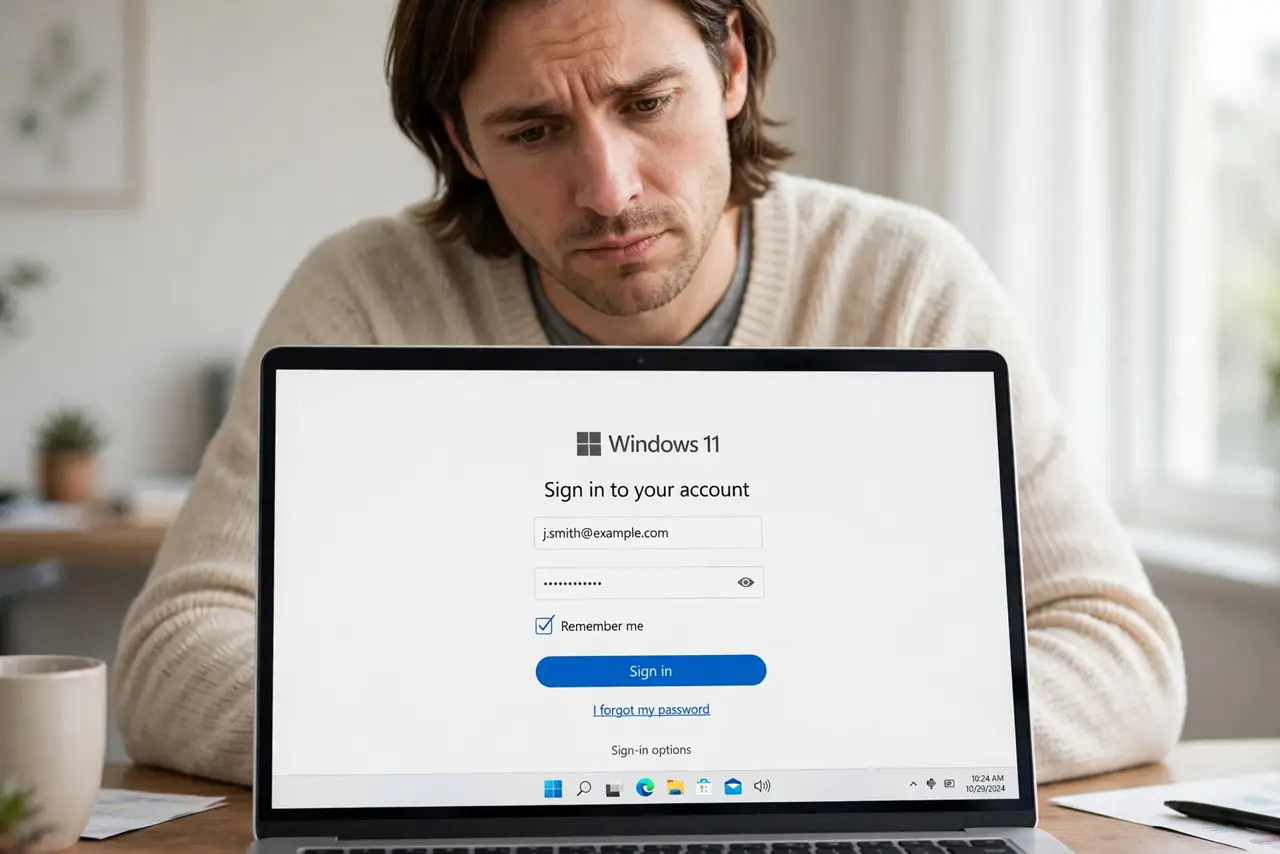 a calm adult at a desk with a real laptop showing a login page with a Remember Me checkbox ticked and legible, the person looking doubtful. No black screen, no blank white screen, no fake or garbled screen text.