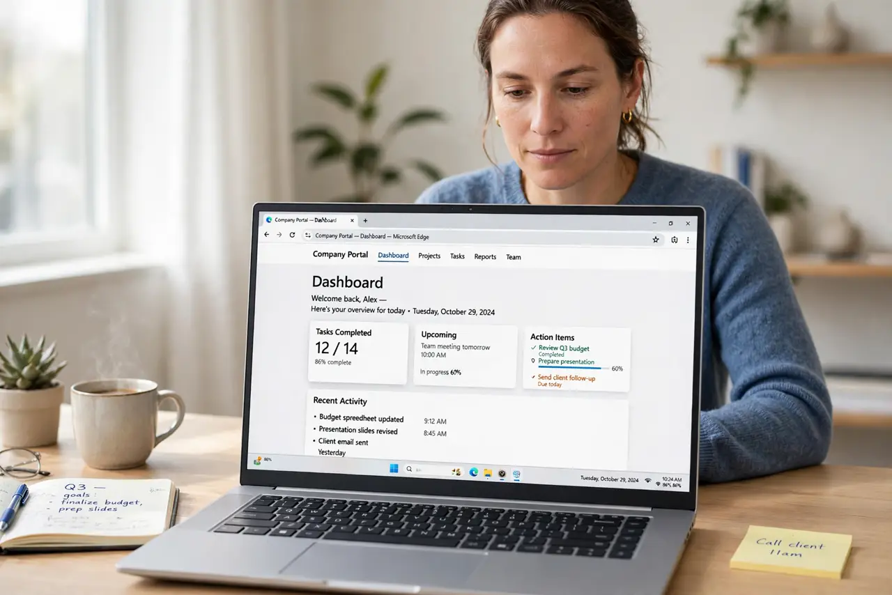 Photorealistic photo: A calm adult at a desk with a real Windows laptop, a website open in the browser in a clean light theme with readable text, screen text legible.