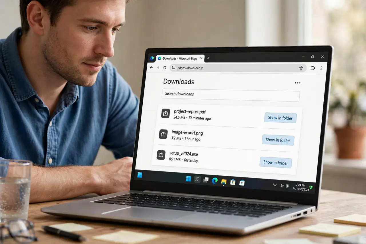 A person performing step 1 of the guide: Open the downloads list. Press Ctrl+J or Cmd+J, or open the browser menu and choose Downloads. Every recent download is listed there with a Show in folder option.