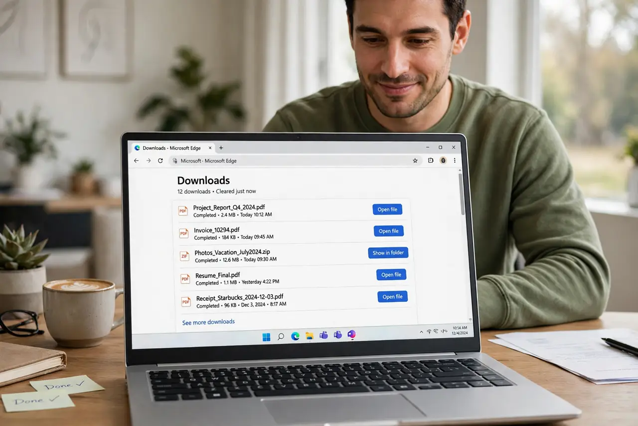 a calm adult at a desk with a real laptop showing a browser downloads page with a list of files and legible names, the person looking relieved. No black screen, no blank white screen, no fake or garbled screen text.