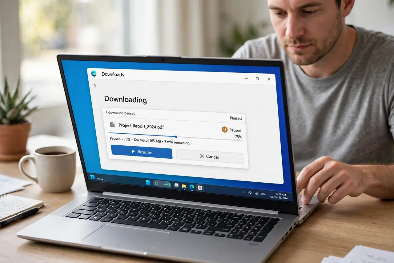 Person performing step 1: Pause the download, then resume it. Open the downloads list, pause the stuck download, wait a few seconds, and resume it. The final...