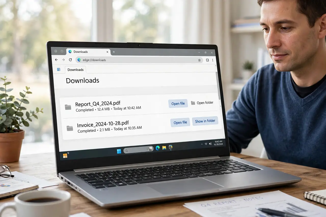 Photorealistic photo: A calm adult at a desk with a real Windows laptop, the browser downloads list open on screen showing a completed download, screen text legible.