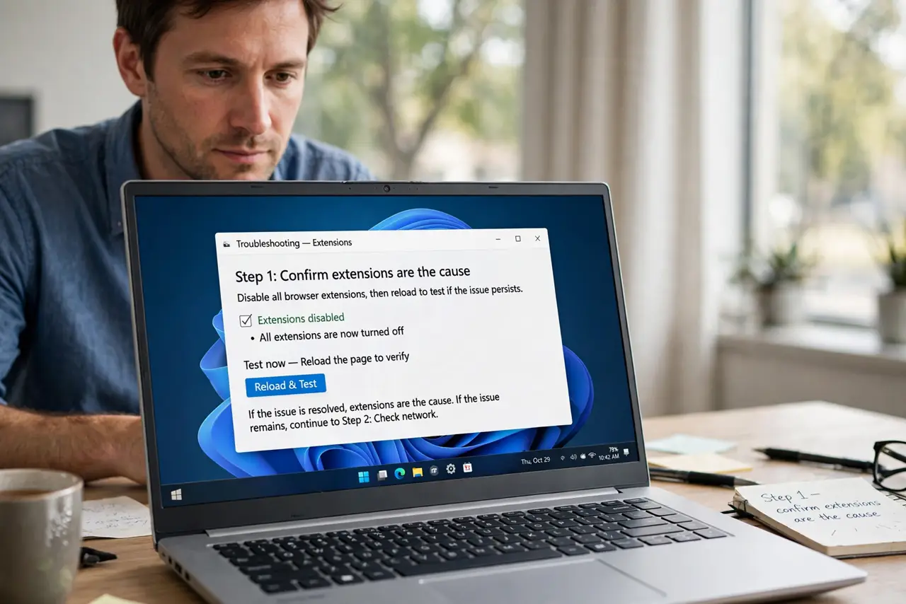 Person performing step 1: Confirm extensions are the cause. Load a slow page in a private window, where most extensions are off by default. If it loads fast...