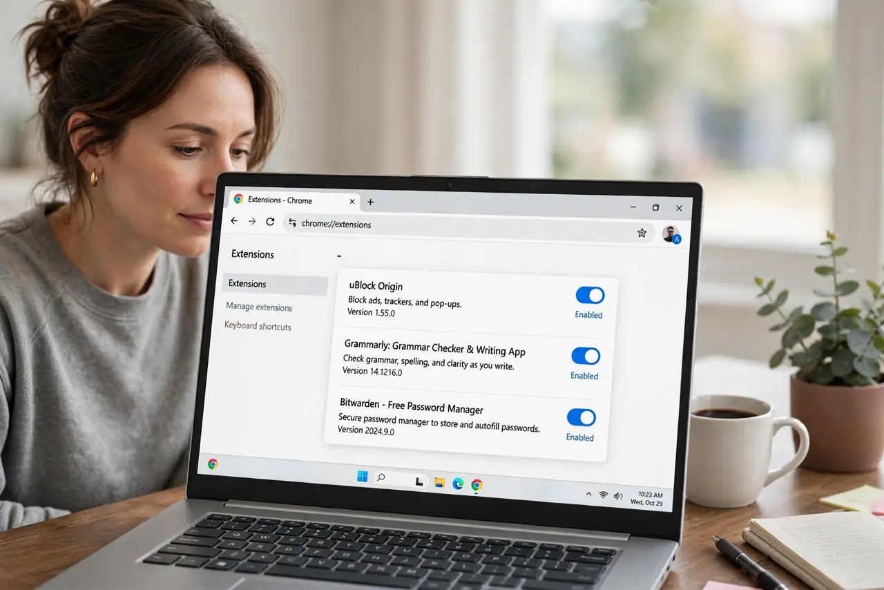 Photorealistic photo: A calm adult at a desk with a real Windows laptop, the browser extensions page open on screen showing a short tidy list, screen text legible.