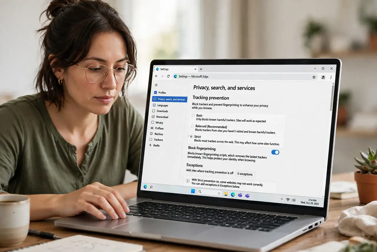 A person performing step 1 of the guide: Turn on tracking protection. Enable your browser's built-in tracking protection or anti-fingerprinting option. It blocks known...