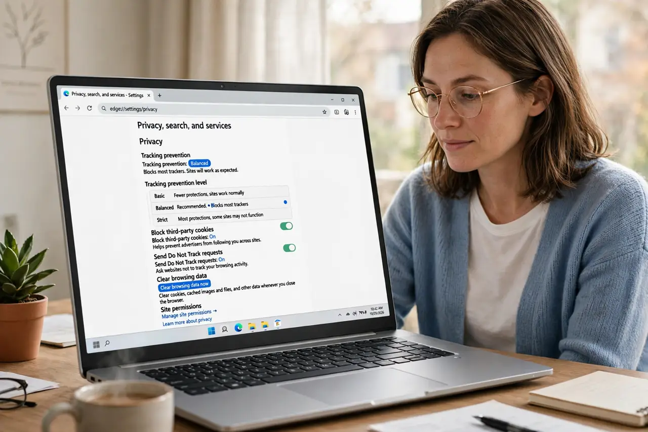 a calm adult at a desk with a real laptop, the screen showing a normal browser privacy settings page with tracking options and legible text, the person reading it