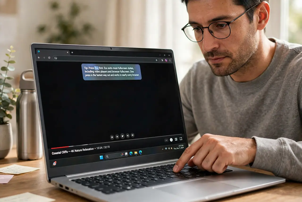 A person performing step 1 of the guide: Press Esc first. Esc exits most fullscreen states, including video players and browser fullscreen. One press is the fastest way out and works in nearly every browser.