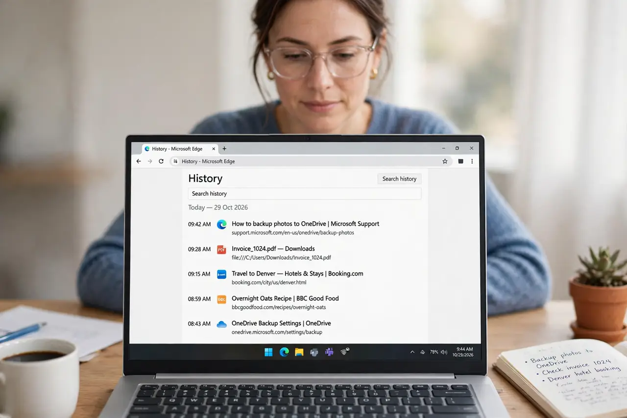 Photorealistic photo: A calm adult at a desk with a real Windows laptop, the browser history page open on screen showing recent entries, screen text legible.