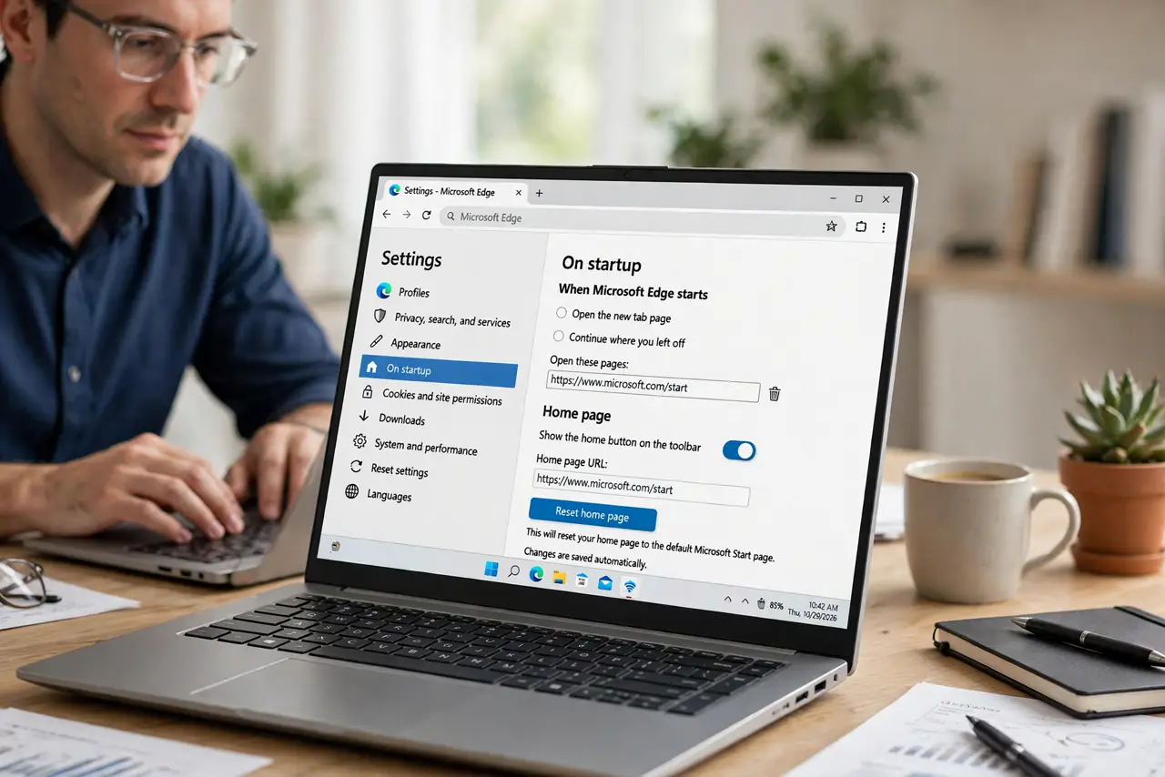An adult opening browser settings to set the home page back.